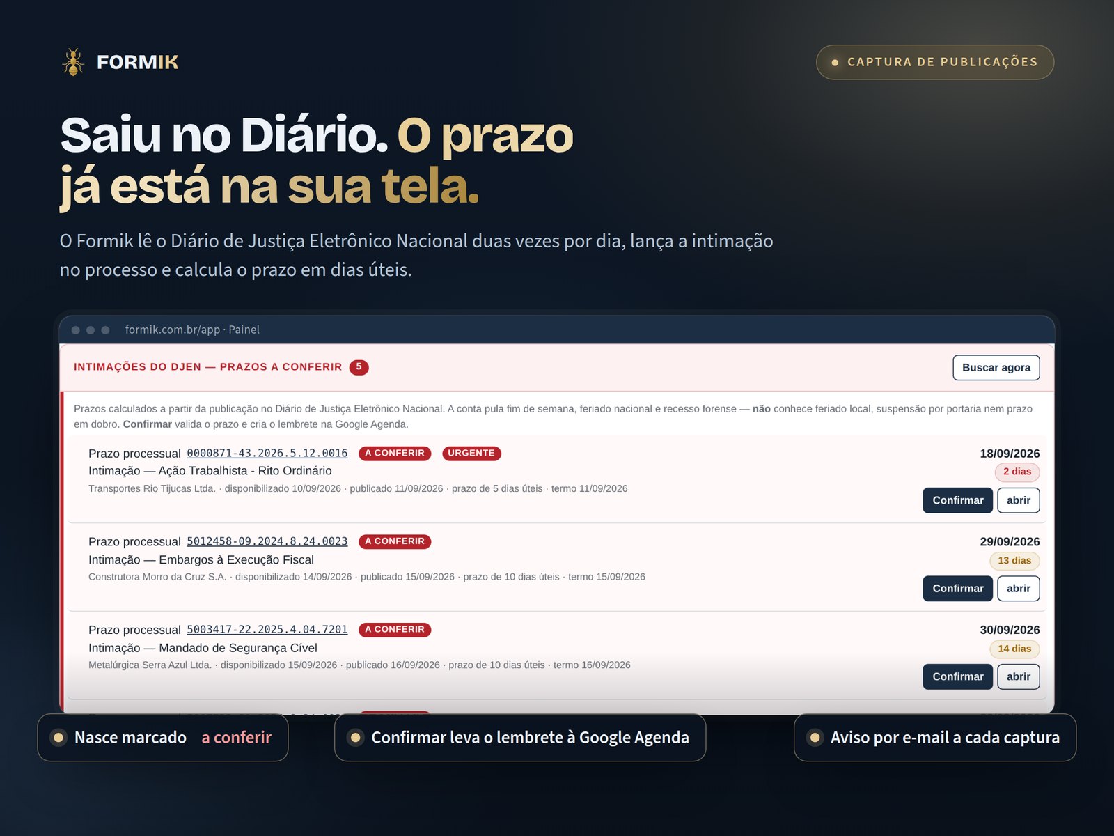 Painel do Formik com as intimações do DJEN e os prazos calculados aguardando conferência.