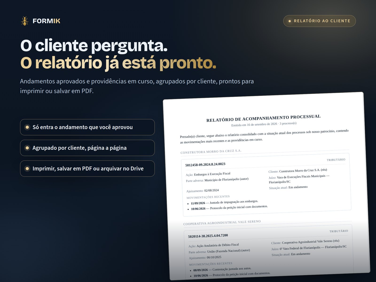 Relatório de acompanhamento processual gerado pelo Formik, agrupado por cliente.